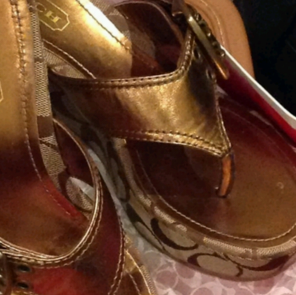 Coach Sherri wedge sandal in tan and bronze color.
